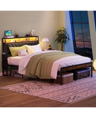 Queen Platform Bed with Upholstered Headboard & Charging Station