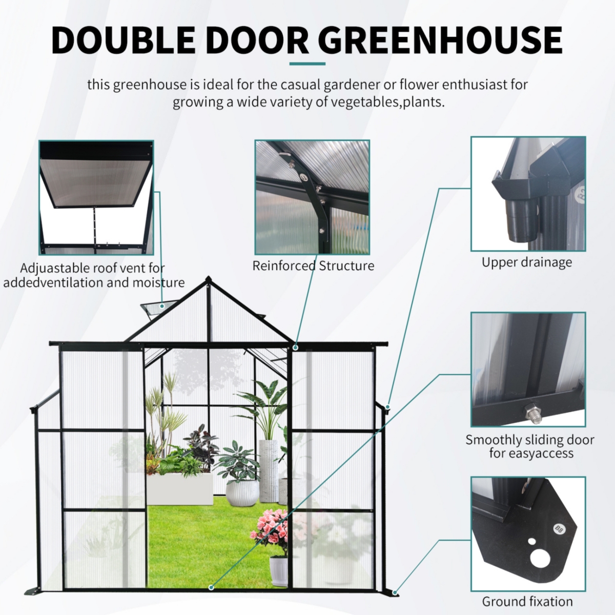 Streamdale Furniture 8X6FTDouble Door Polycarbonate Greenhouse Raised Base and Anchor Aluminum Heavy Duty Walk-in Greenhouses for Outdoor Backy