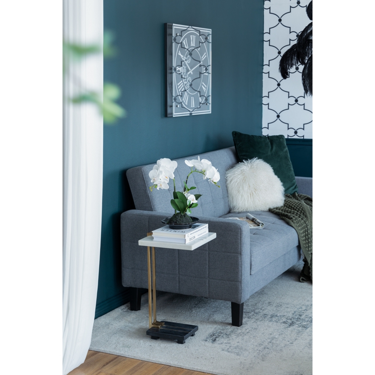 Streamdale Furniture 12.5x12x22" Aluminum and Marble C-Shaped Side Table, White/Gold/Black, Artistic Accent Table for Living Room Entryway Bedroom