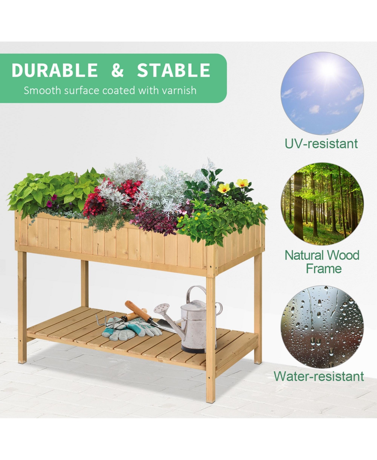 Streamdale Furniture 43x18x30in Raised Garden Bed with 8 Pockets and Shelf, Wooden Elevated Planter Box with Legs to Grow Herbs, Vegetables, and Flowe