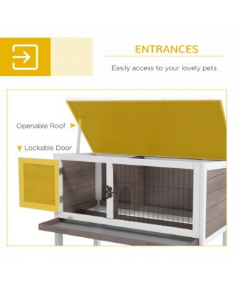 Elevated Wooden Rabbit Hutch, Indoor/Outdoor Bunny Cage with Hinged Asphalt Roof and Removable Tray for Single, Dwarf, or Guinea Pig, Brown