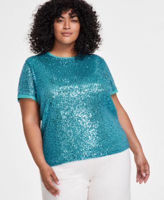 Anne Klein - Plus Size Sequinned Mesh-Trim Short-Sleeve Top