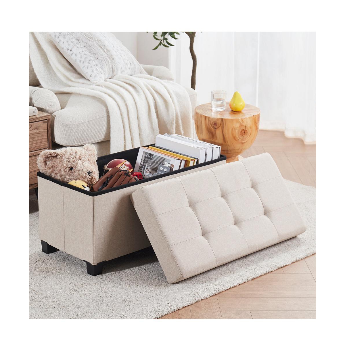 Ornavo Home Foldable Tufted 30 Inch Linen Bench Storage Ottoman with Legs