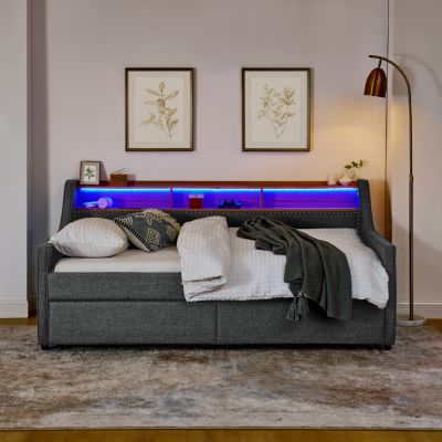 Upholstered Twin Sofa Bed with LED Lights, Storage, and Wireless Charging
