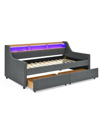 Upholstered Twin Sofa Bed with LED Lights, Storage, and Wireless Charging