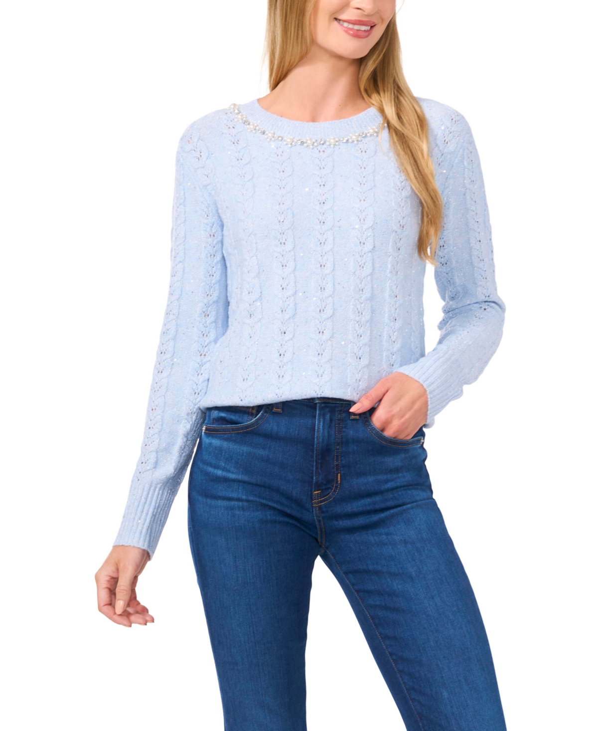 Cece Embellished Sequin Cable Stitch Sweater In Blue Ice