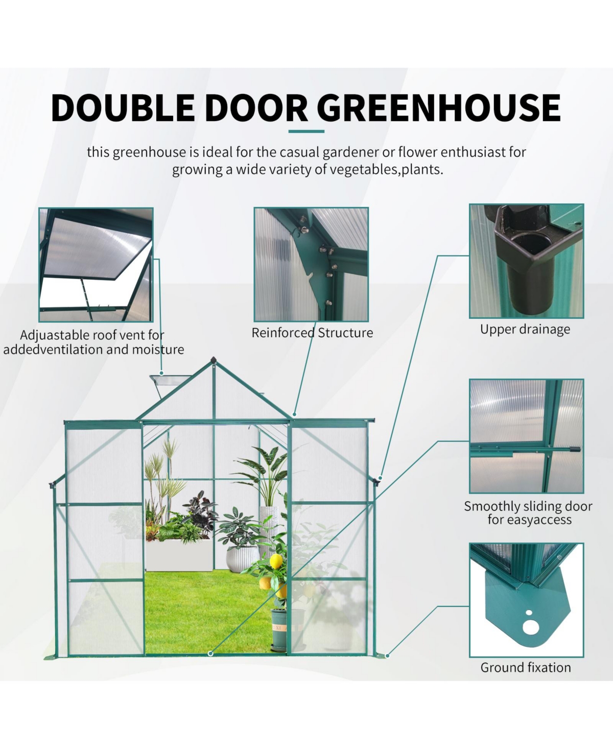 Streamdale Furniture 8x8 Ft Double Door Polycarbonate Greenhouse Raised Base and Anchor Aluminum Heavy Duty Walk-in Greenhouses for Outdoor Backyard i