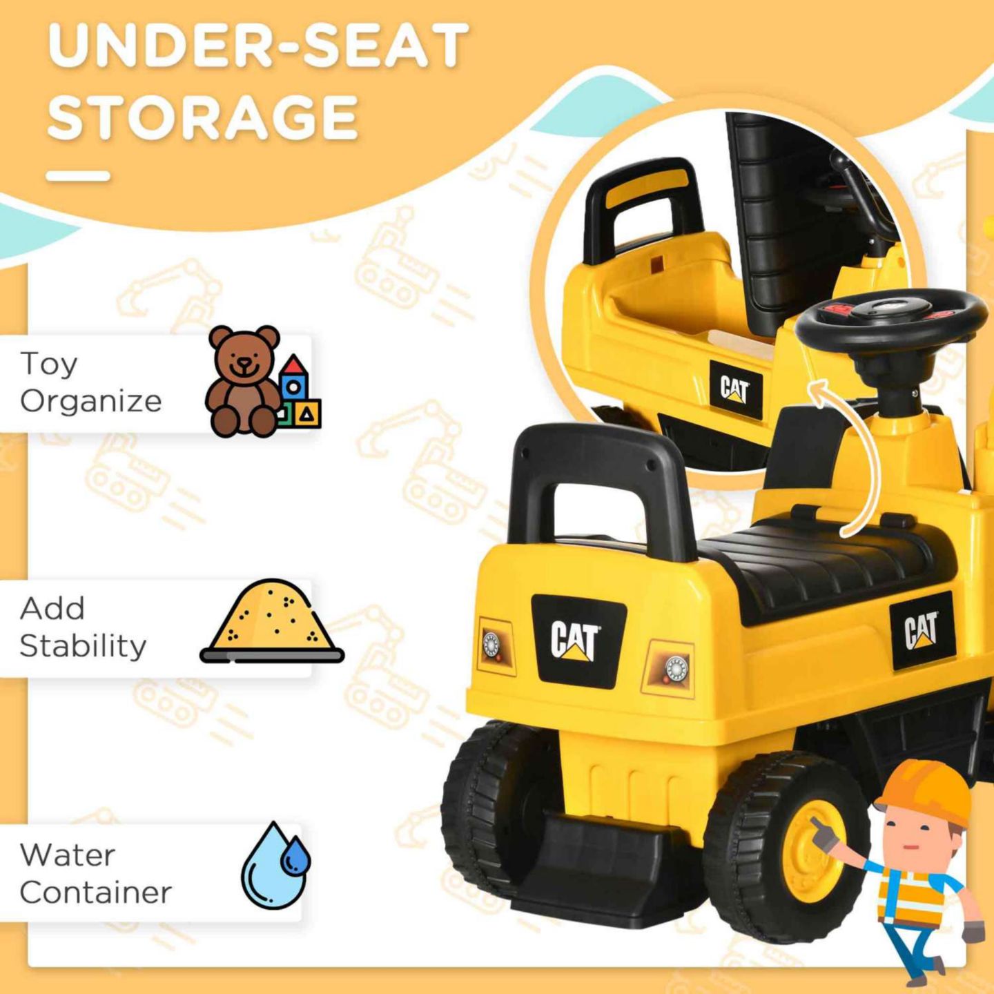 Детская игрушка Streamdale Furniture CAT Excavator Ride-On Toy with Manual Shovel, 55 lbs Capacity, Ages 18-36 Months, цвет: Жёлтый — фото 4