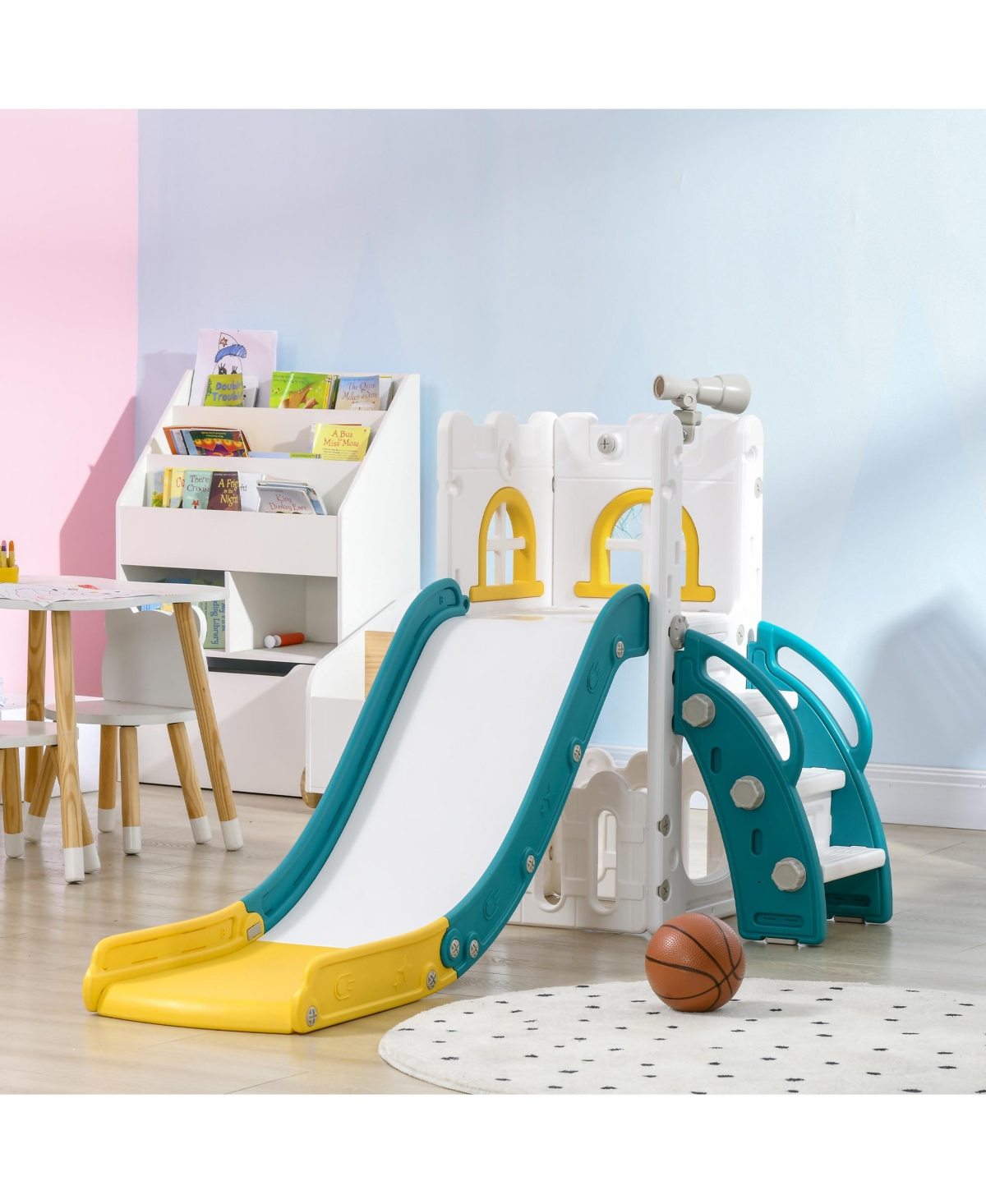 Streamdale Furniture 5 in Toddler Slide, Indoor Kids Slide Playset for 1-3 Years Olds with Basketball Hoop, Climber, Telescope & Storage Basket, Yel