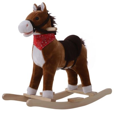 Kids Ride on Rocking Horse Plush Toy with Realistic Sounds and Red Scarf for Over 3 Years Old Birth Gift