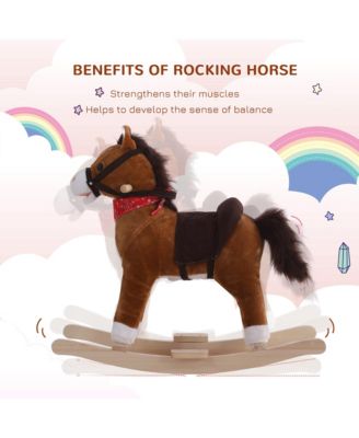 Kids Ride on Rocking Horse Plush Toy with Realistic Sounds and Red Scarf for Over 3 Years Old Birth Gift