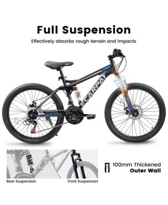 Mountain Bike 24 Inch Wheels, 21-Speed Full Suspension Mens Womens Trail Commuter City Mountain Bike, High Carbon Steel Frame Disc Brakes Grip Shifter Front Fork Rear Shock Absorber Bicycles