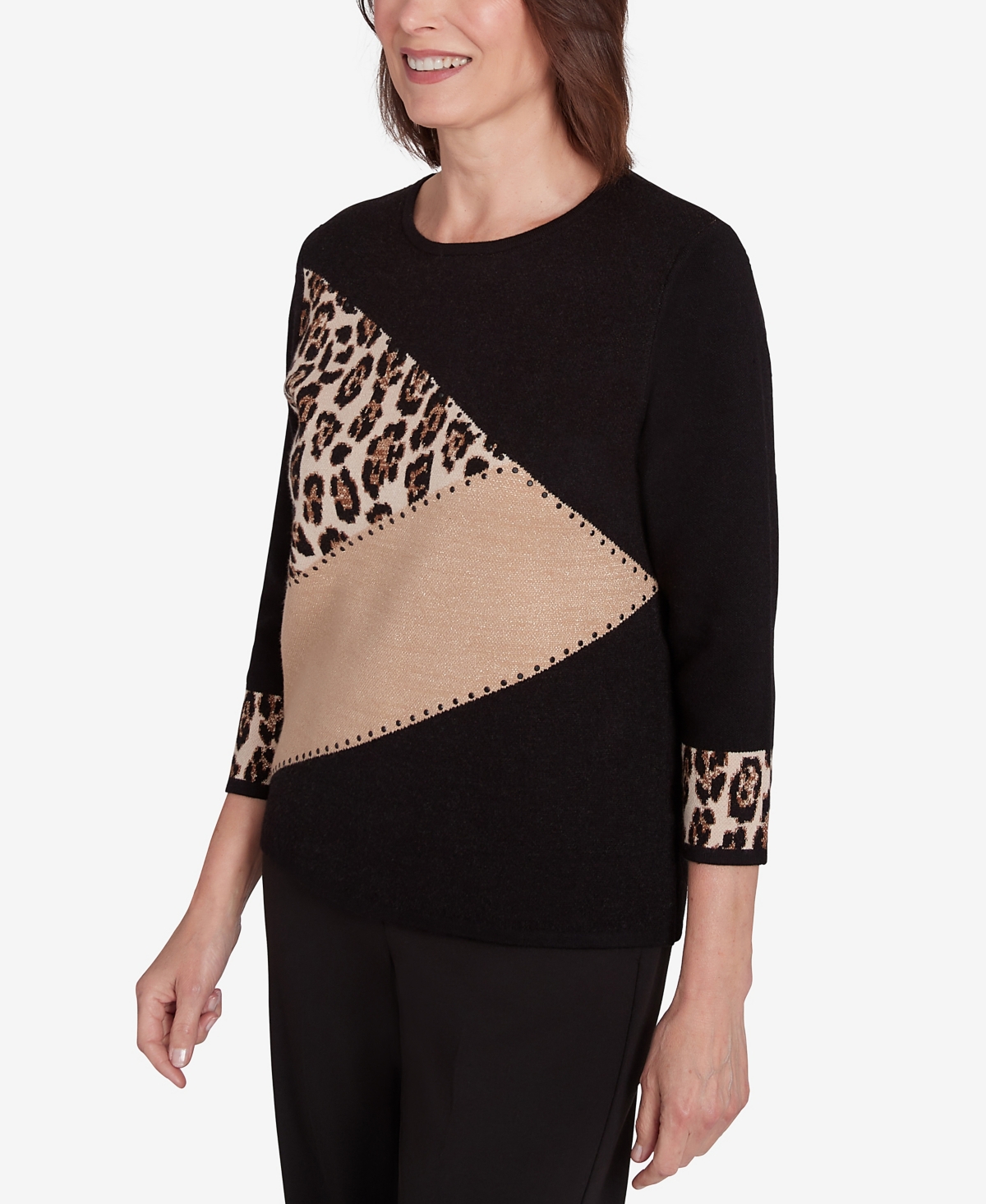 Alfred Dunner Petite Rue Rivoli Animal Trim Color Block Three Quarter Sleeve Sweater