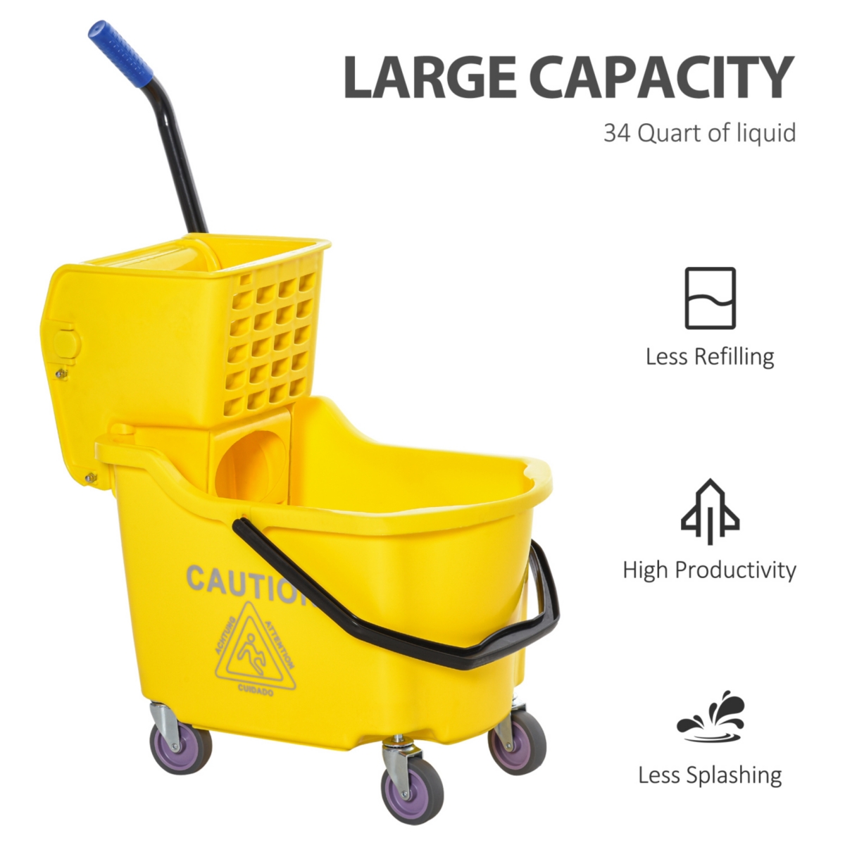 Streamdale Furniture Mop Bucket Cart with Side Press Wringer, Metal Handle and 34 Quart Capacity,- Yellow
