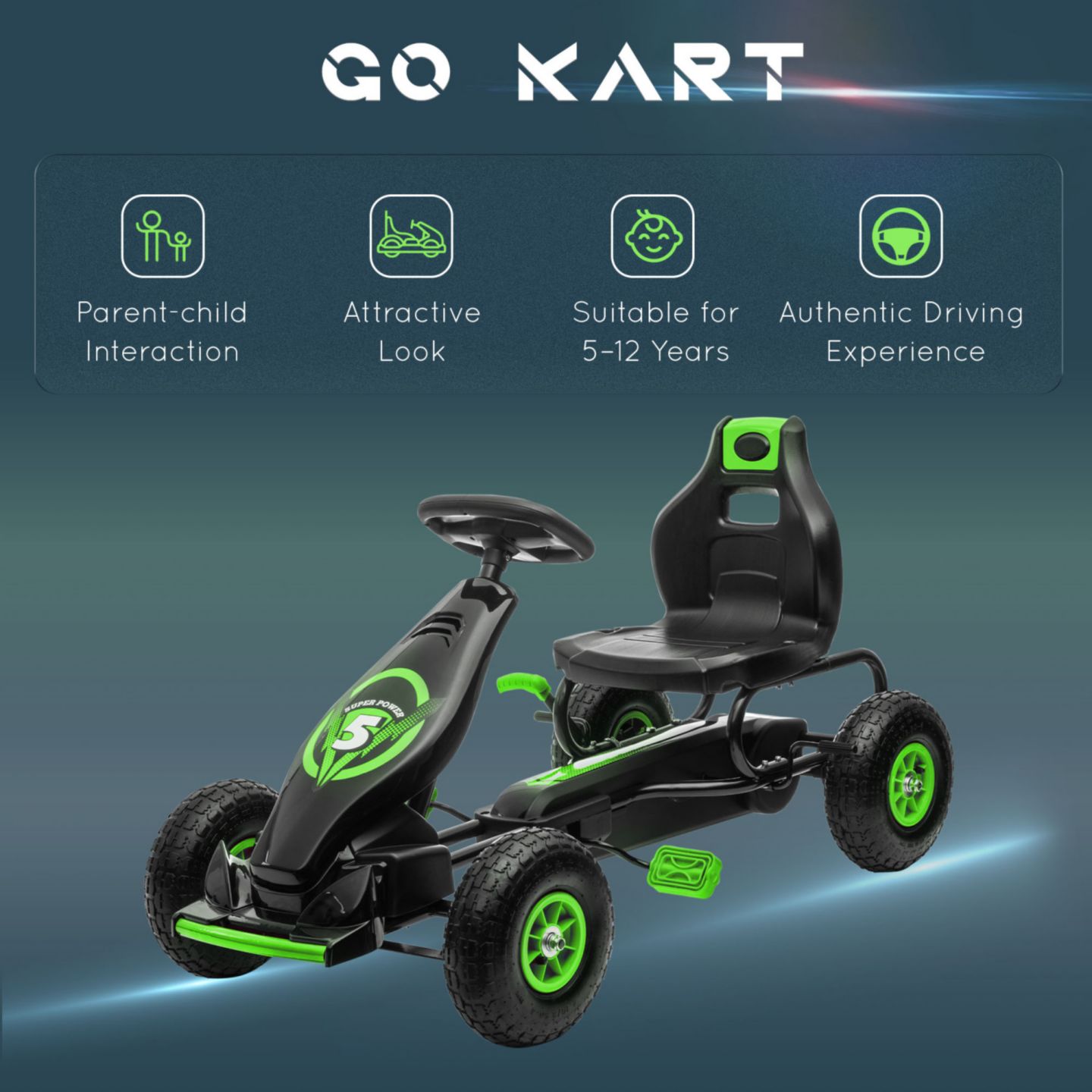 Детская игрушка Streamdale Furniture Pedal Go-Kart Adjustable Seat, Safety Hand Brake Ride-On Toy, 110 lbs., Ages 5-12, цвет: Зелёный — фото 2