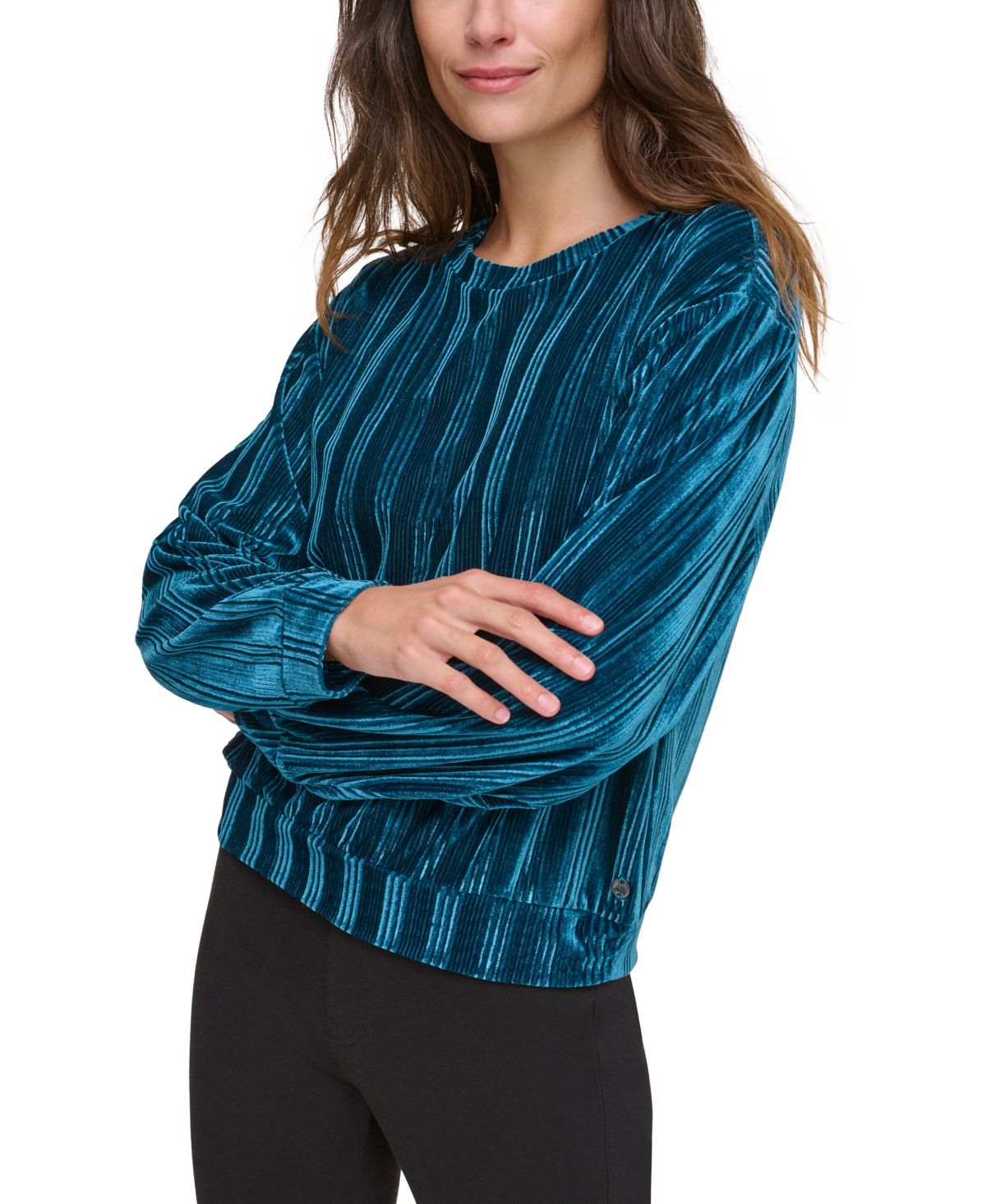 Marc New York Andrew Marc Sport Women's Ribbed Velvet Crew Neck Pull Over Top In Teal