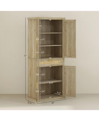 72" Tall Pantry Cabinet with Rattan Decorated Panel, Freestanding Boho Kitchen Storage Cabinet with 4 Doors, Drawer, 5-Tier Shelf and Adjustable Shelves, Oak