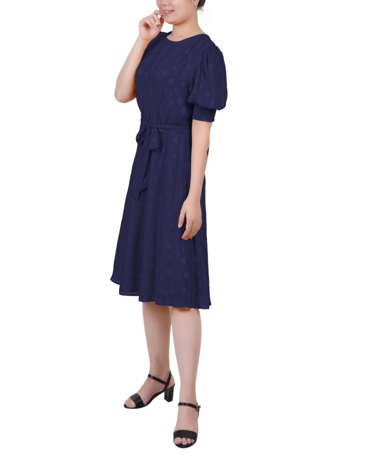 Ny Collection Women's Elbow Sleeve Swiss Dot Dress In Navy