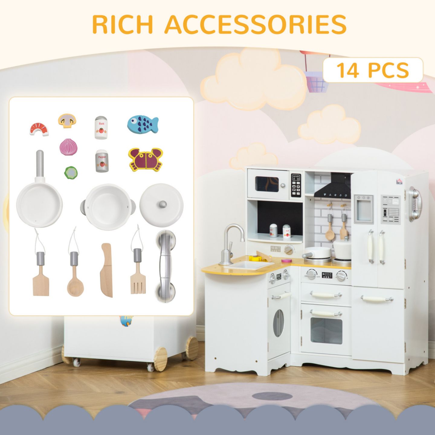 Детские игрушки Streamdale Furniture Wooden Play Kitchen with Sound Effects, 14-Piece, Ages 3+, цвет: Серебристый — фото 5