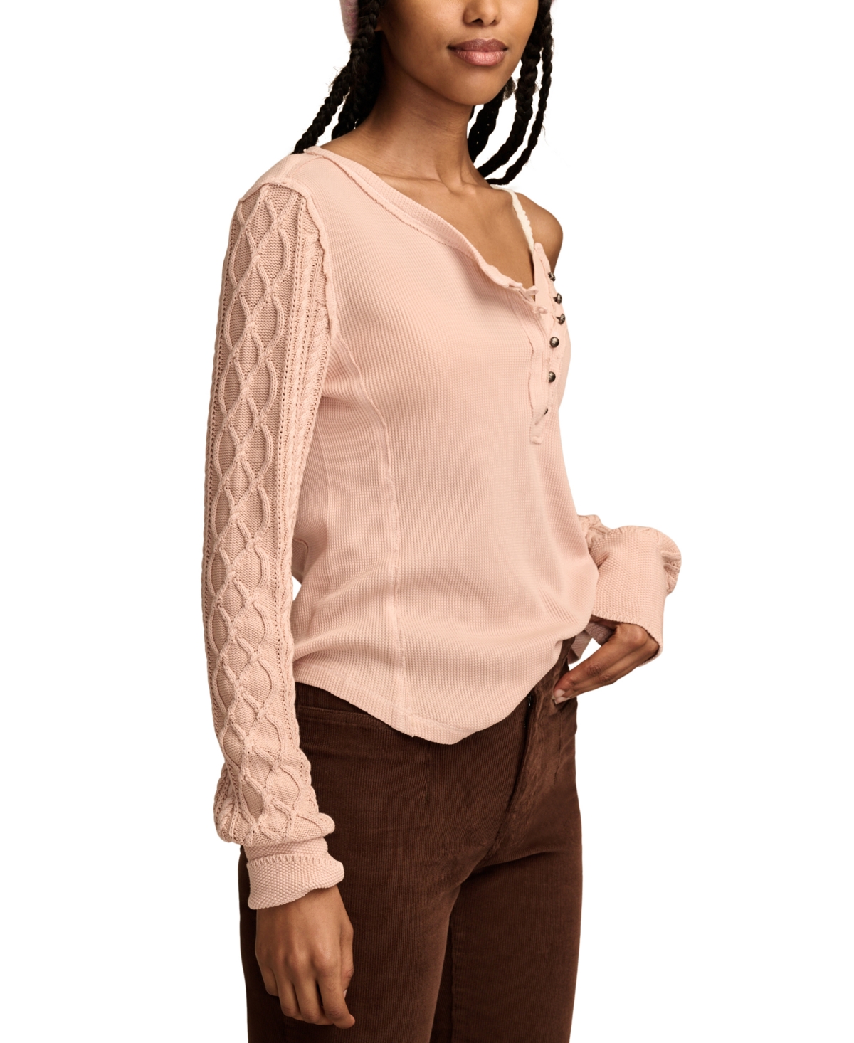 Shop Lucky Brand Women's Cotton Textured Mixed-sleeve Henley Top In Rose Smoke
