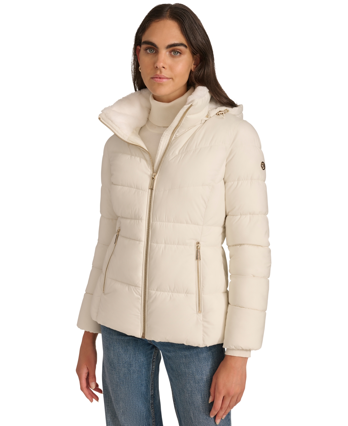 Calvin Klein Petite Faux-fur-lined Hooded Puffer Coat In Eggshell