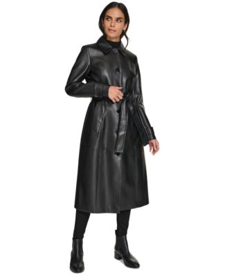 Women's Belted Faux-Leather Trench Coat