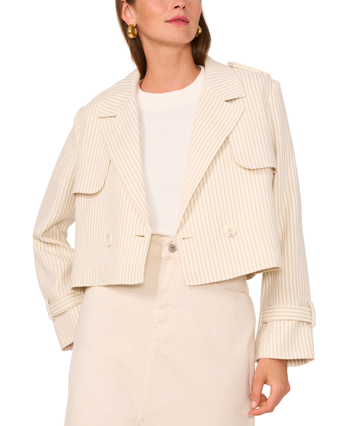 Women's Striped Double-Breasted Cropped Jacket - New Ivory