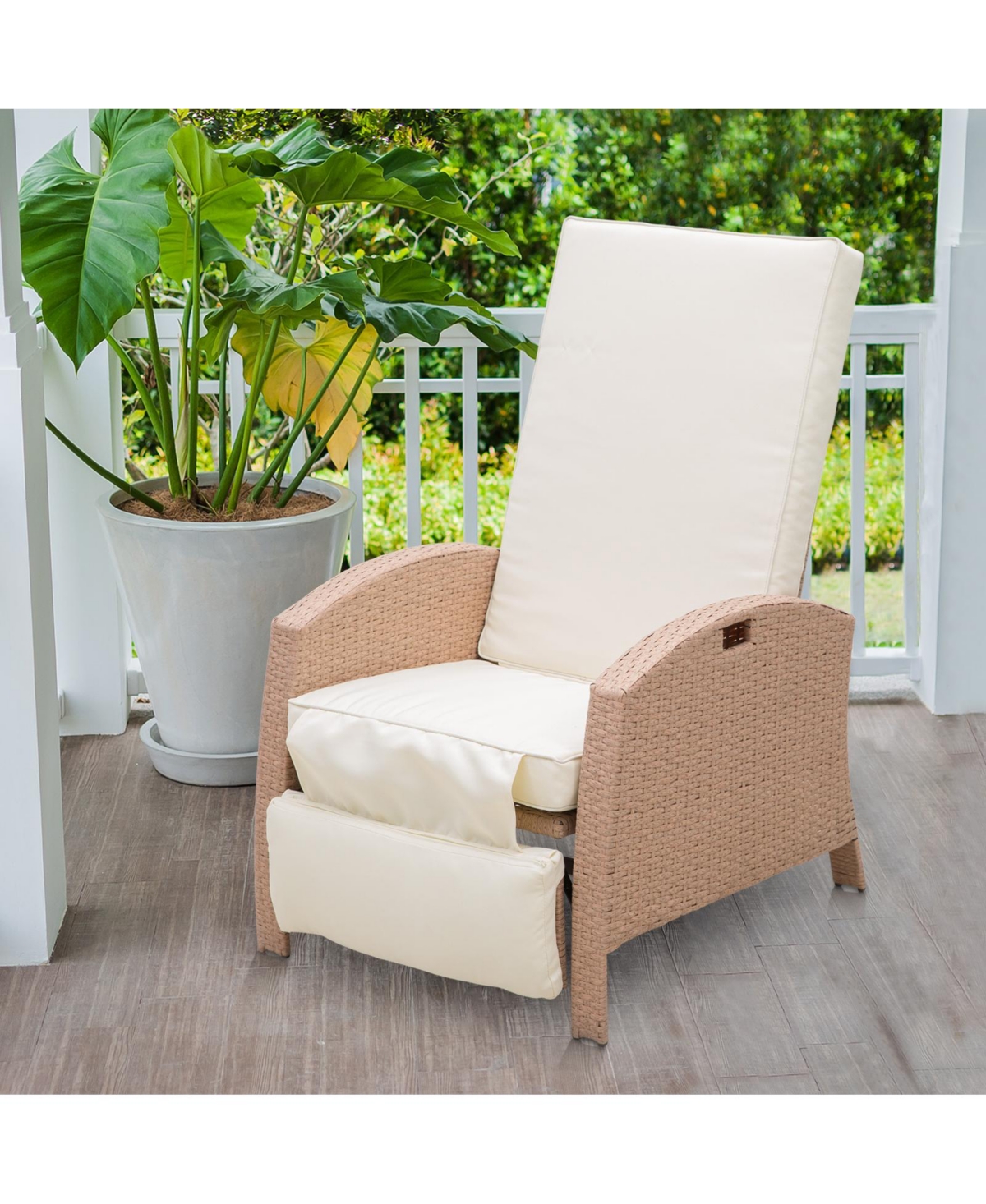 Streamdale Furniture Patio Recliner, Outdoor Reclining Chair with Flip-Up Side Table, All-Weather Wicker Metal Frame Chaise with Footrest, Cushions, B