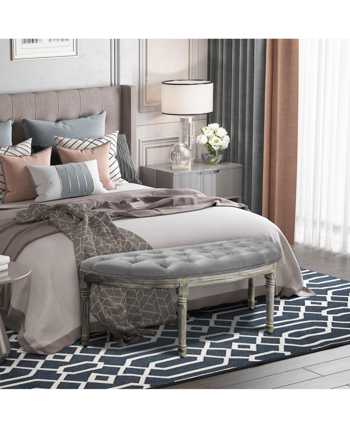 Streamdale Furniture Vintage Semi-Circle End of Bed Bench, Upholstered Bedroom Entryway Bench with Tufted Velvet-Touch Fabric with Rubberwood Legs, Gr