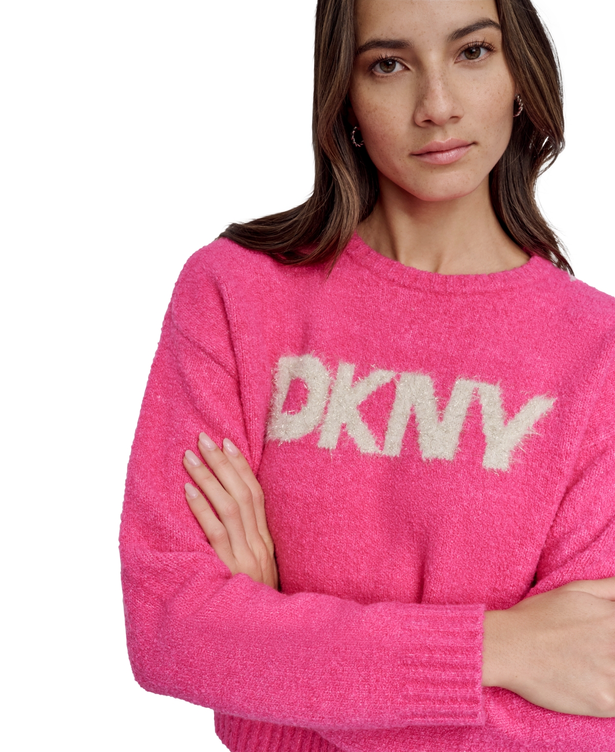 DKNY JEANS WOMEN'S TINSEL LOGO BOUCLE SWEATER 