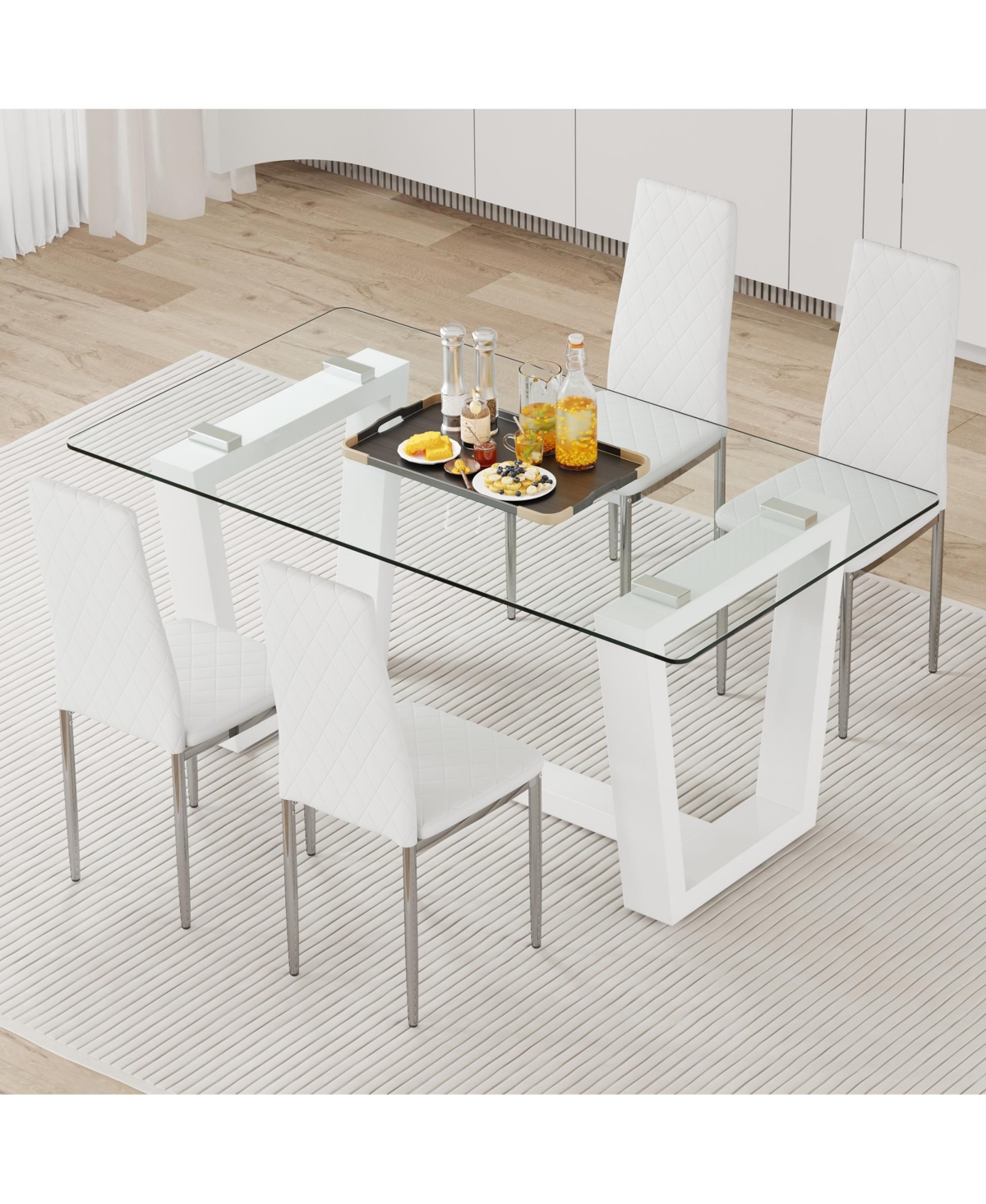 Streamdale Furniture Table and chair set.a rectangular dining table features with tempered glass top and sleekMdf stand.Paired with 4 Pu chairs