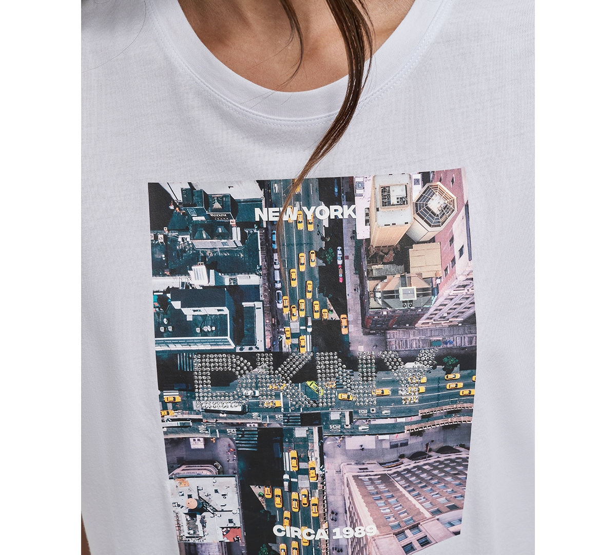 Dkny Jeans Women's Aerial Photo Print Rhinestone Logo T-Shirt - WHT - WHITE
