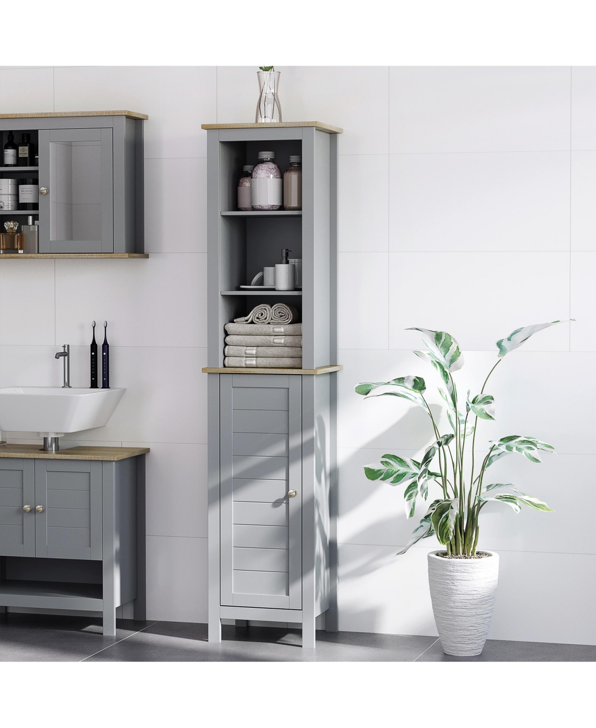 Streamdale Furniture Tall Bathroom Storage Cabinet with 3 Tier Shelf, Door, Free Standing Linen Tower, Slim Side Organizer,- Grey