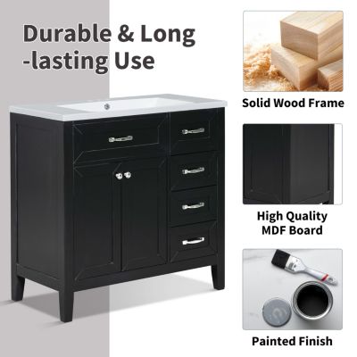 36" Solid Rubberwood & MDF 2 Doors & 3 Drawers Vanity Cabinet Base Only
