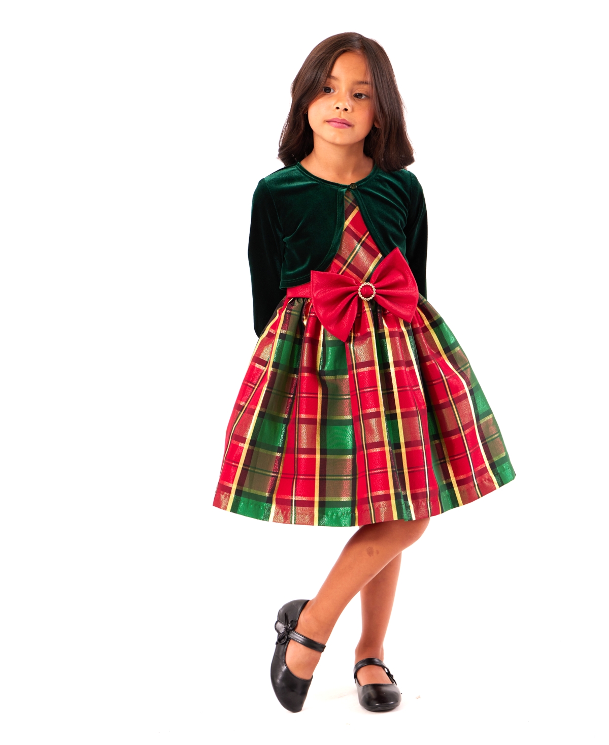 Bonnie Jean Little Girls Taffeta Plaid Dress with Velvet Cardigan, 2-Piece Set