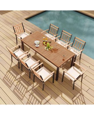 9 PCS Outdoor Dining Table & Chairs Set Table with Acacia Wood Top Umbrella Hole