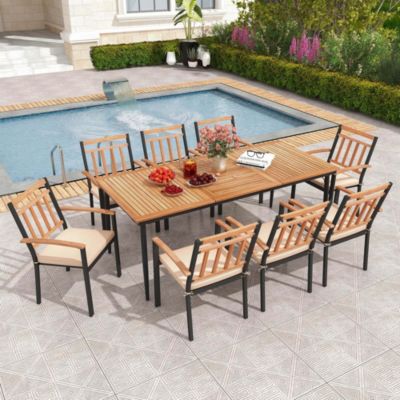 9 PCS Patio Dining Set 79" Rectangle Dining Tables with 8 Wooden Armchairs