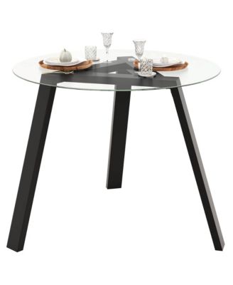 36" Round Glass Dining Table for 4 with Tempered Glass Tabletop Rubber Wood Frame