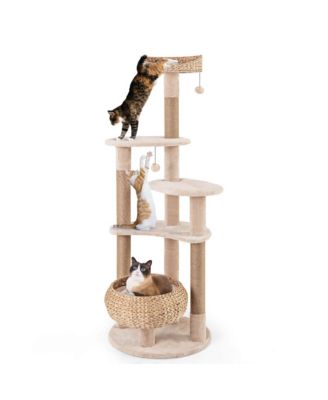 65" Cattail Cat Tower with Jute Scratching Posts Perch Basket Bed Dangling Balls