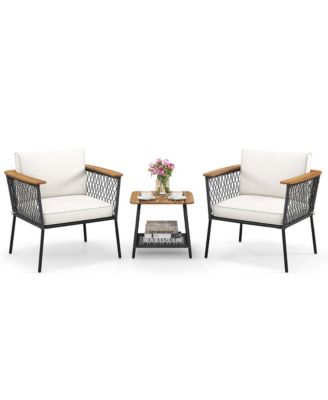 3 PCS Patio Furniture Set with 2-Tier Coffee Table Acacia Wood Armrests Tabletop