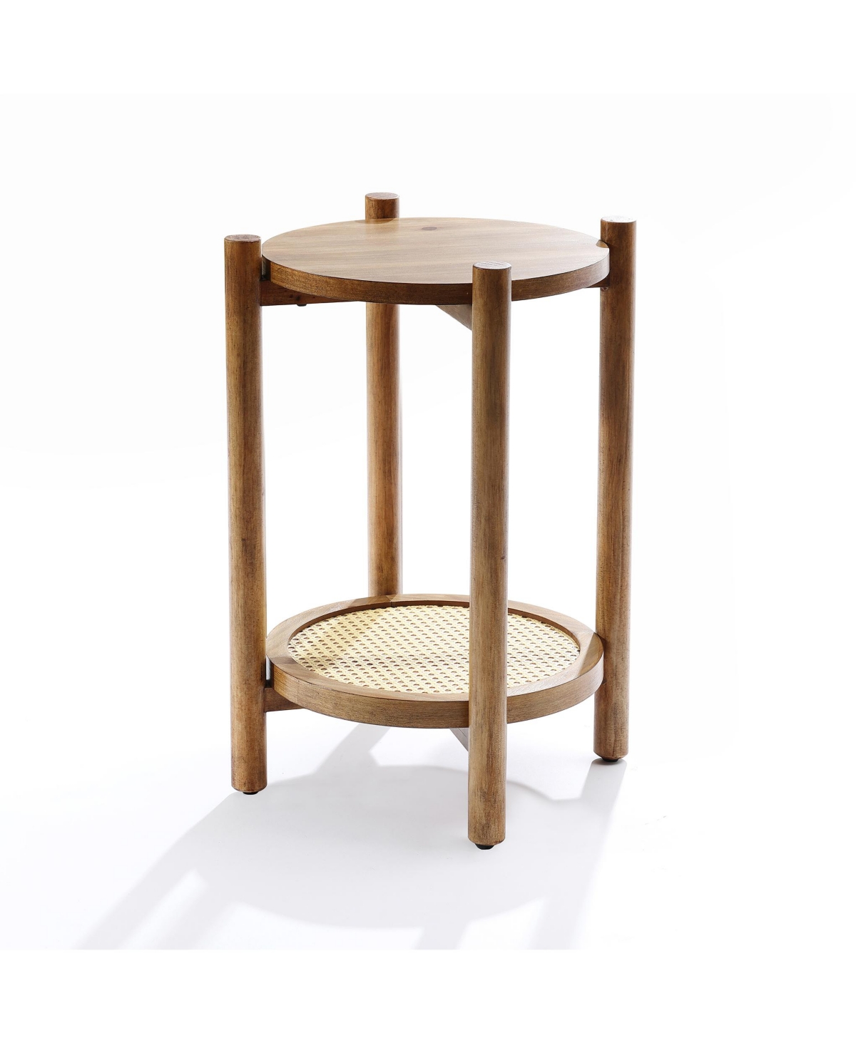Luxenhome Chestnut Finish Pine And Mdf Wood Accent Round Table With Rattan Shelf In Brown
