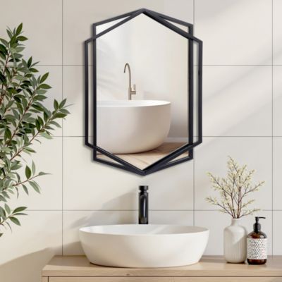 32" Black Metal Hexagon Frame Wall Accent Mirror Wall Mounted Bathroom Vanity Mirror Decor