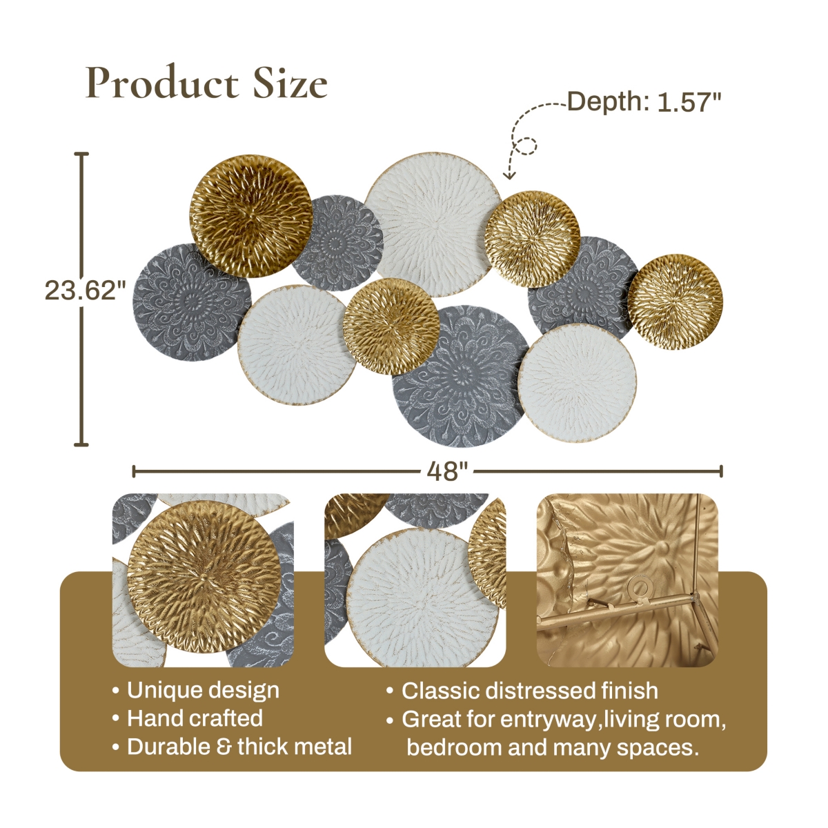 LuxenHome 48-In Wide Connected Circles Metal Wall Decor Sculpture - gold, white