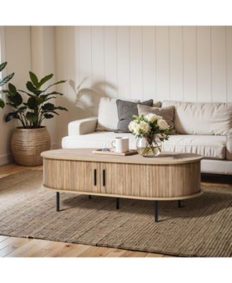 Standard Wood Slatted Sliding Doors Storage Mid-Century Modern Oval Coffee Table