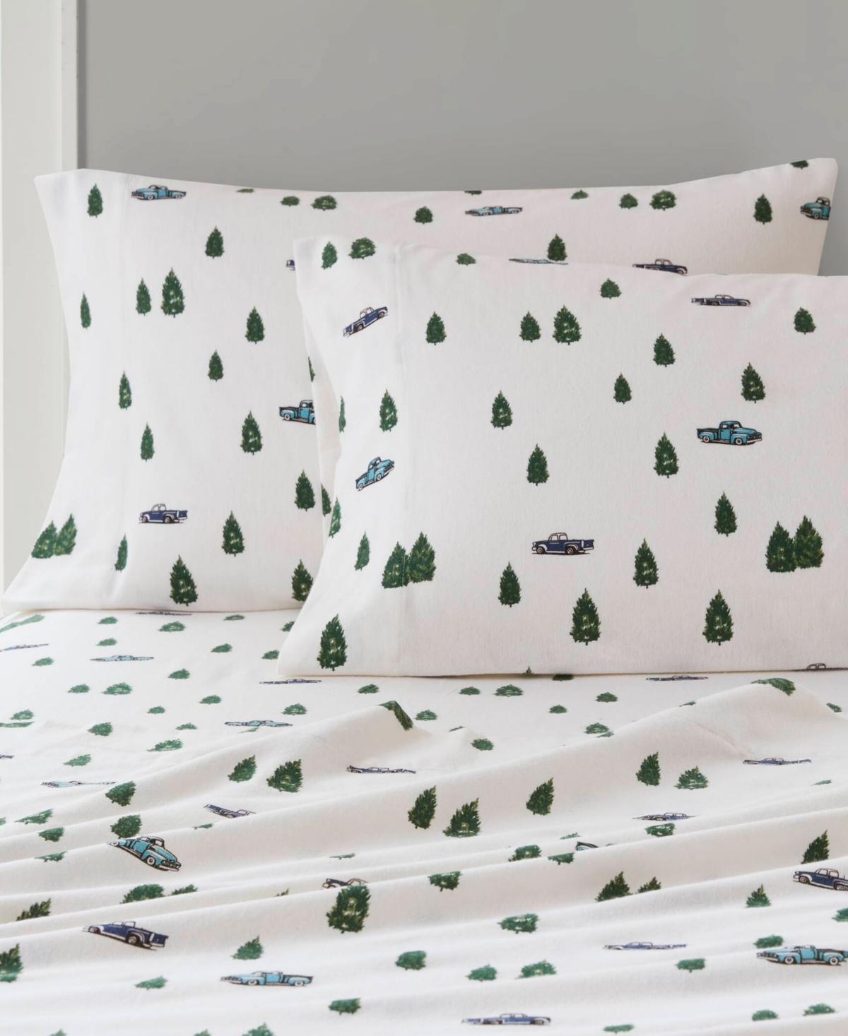 Woolrich Printed Flannel 4-pc. Sheet Set, Queen In Green Trees Trucks