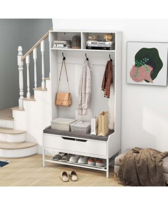 69" Tall Hall Tree with Seat Cushion Open Compartments Hooks Lift-top Storage