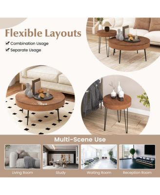 Farmhouse Round CoffeeTable Set of 2 End Table Natural Finish for Living Room Coffee