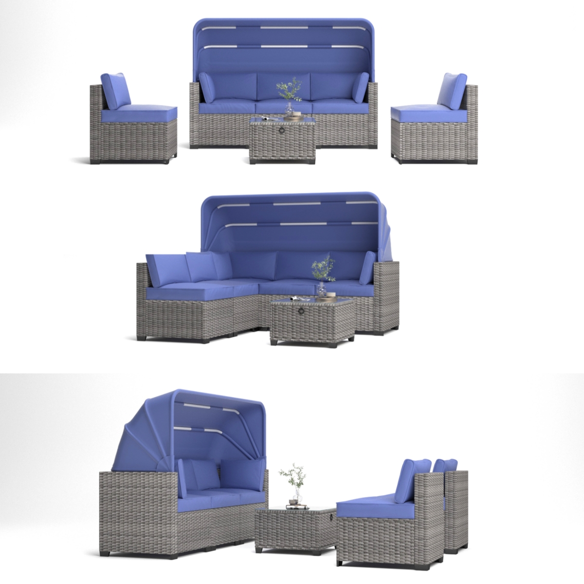 Streamdale Furniture 6 Pieces Patio Furniture Sets, Outdoor Rattan Daybed with Retractable Canopy, Outdoor Sectional Sofa Set with Adjustable Backrest