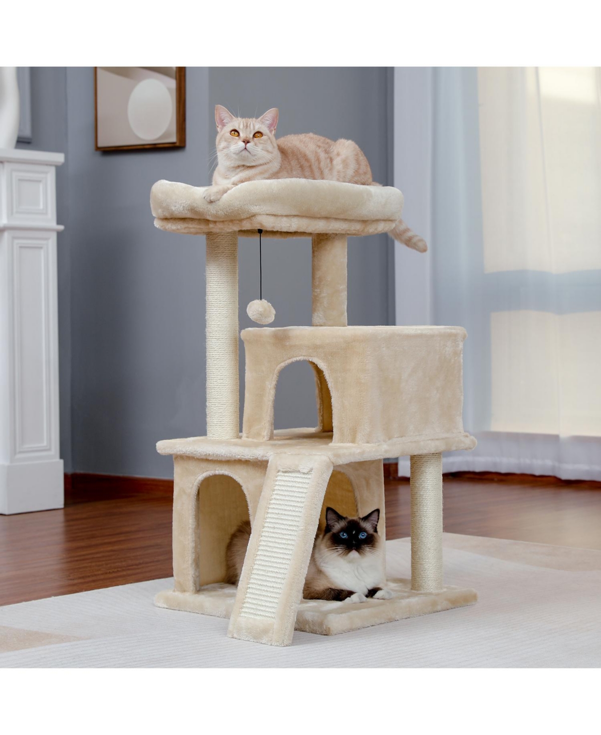 Slickblue Modern Small Cat Tree Tower – Features Double Condos, Spacious Perch, Sisal Scratching Posts, Climbing Ladder, and Replaceable Dangli