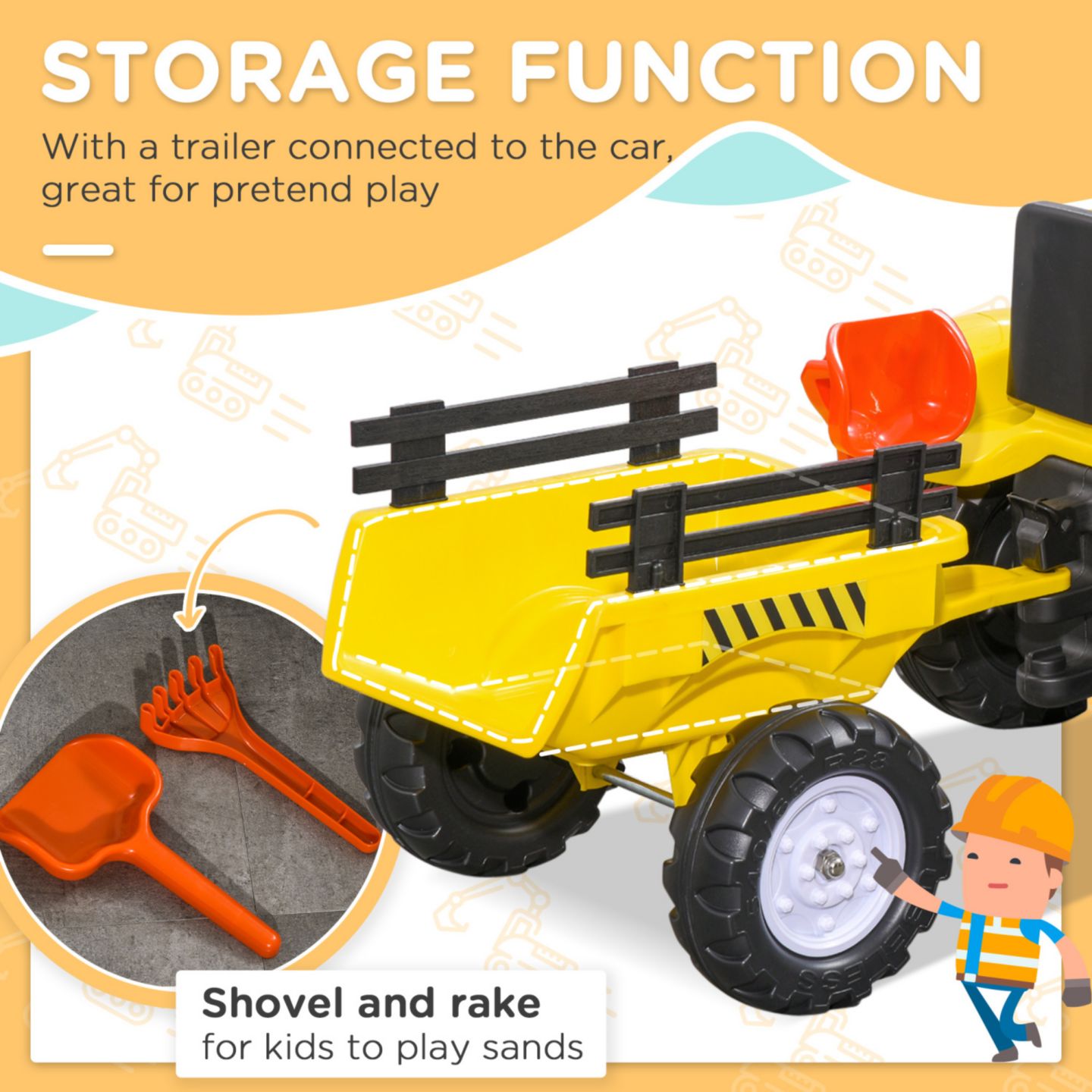 Детская игрушка Streamdale Furniture Farm Tractor with Storage Trailer, Manual Pedal, Horn Ride-On Toy, 77 lbs. Capacity, Ages 3+, цвет: Жёлтый — фото 3